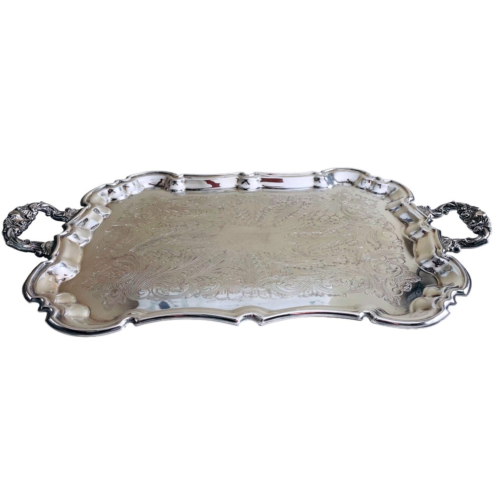 Vintage Leonard Silver Co Handled Butler Serving Tray Chased Scrollwork 23"